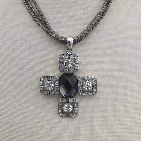 Choker Cross Necklace Short Statement Pendant Black Stone Rhinestone Dress - Picture 2 of 5